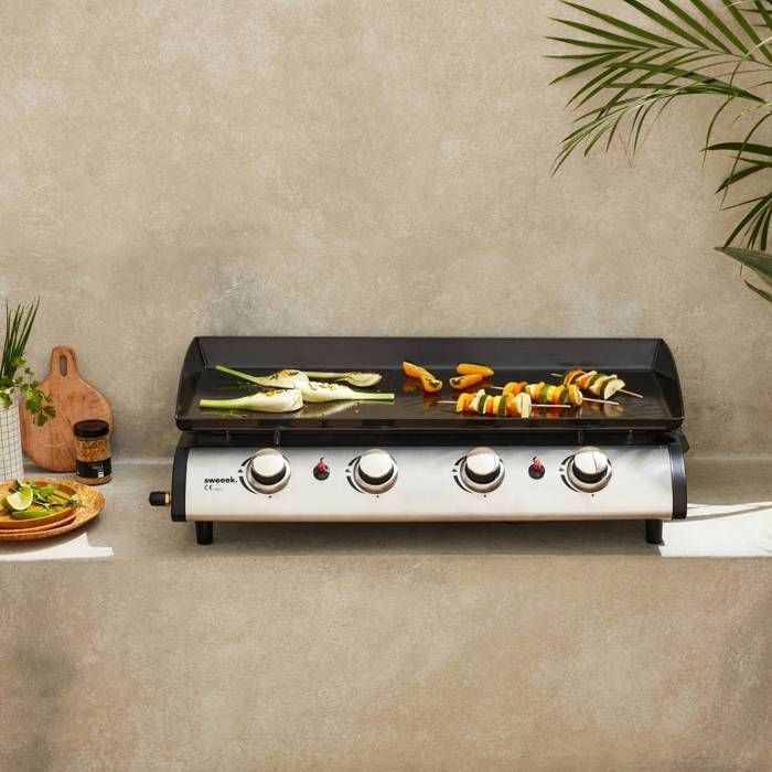 Plancha de gas Porthos de 4 quemadores - 10 kW. Barbacoa. Cocina exterior. Placa esmaltada grande. Acero inoxidable.