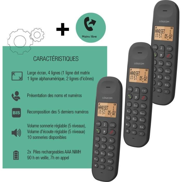 Téléphone fixe sans fil - LOGICOM - DECT ILOA 350 TRIO - Noir - Sans répondeur