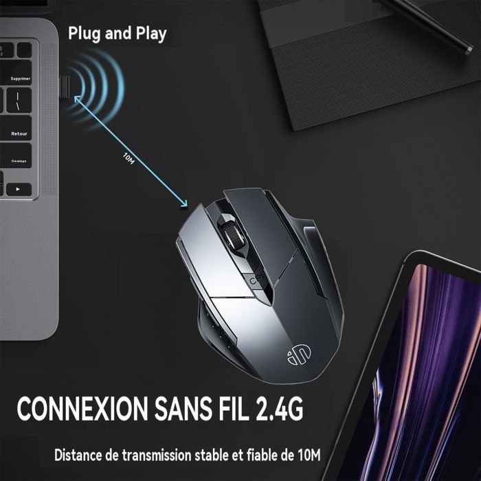 Souris sans Fil - Kingcenton - F1S - 6 Boutons - Batterie Rechargeable 500mAh - Gris