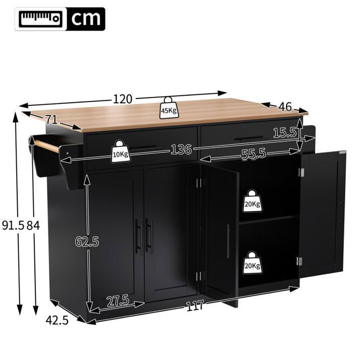 Desserte de Cuisine Mobile - Îlot avec Plateau Rabattable - Buffet de Rangement - 4 Roulettes - 2 Grands Tiroirs