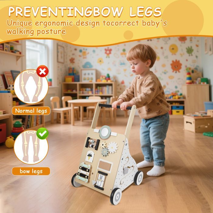Girello in legno Montessori con centro attività e ruote gommate, ausilio stabile per bambini piccoli, giocattolo in legno