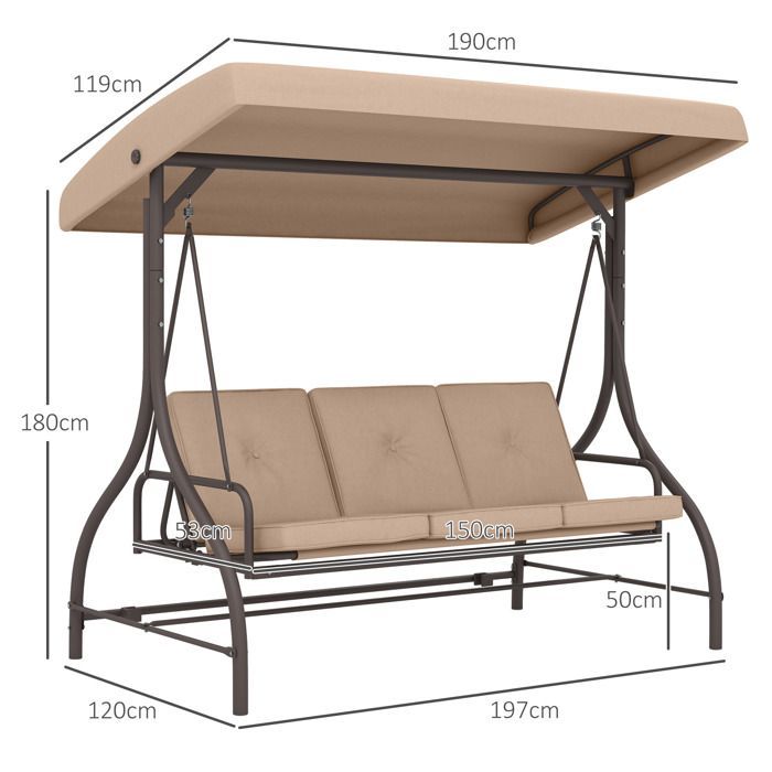 Outsunny Metall-Gartenschaukel 197x120x180cm Khaki