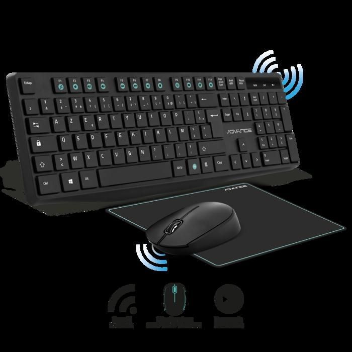 ADVANCE – ELITE DRAADLOOS COMBO-PAKKET - Draadloos toetsenbord en muis + slanke AZERTY-muismat