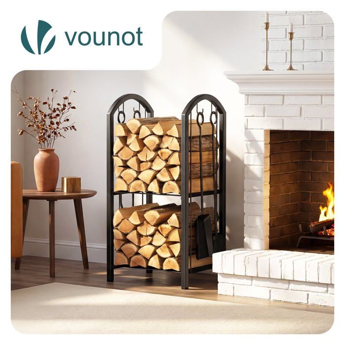 Soporte metálico para leña VOUNOT® para chimenea - Estante para almacenar leña con 4 herramientas incluidas - Negro