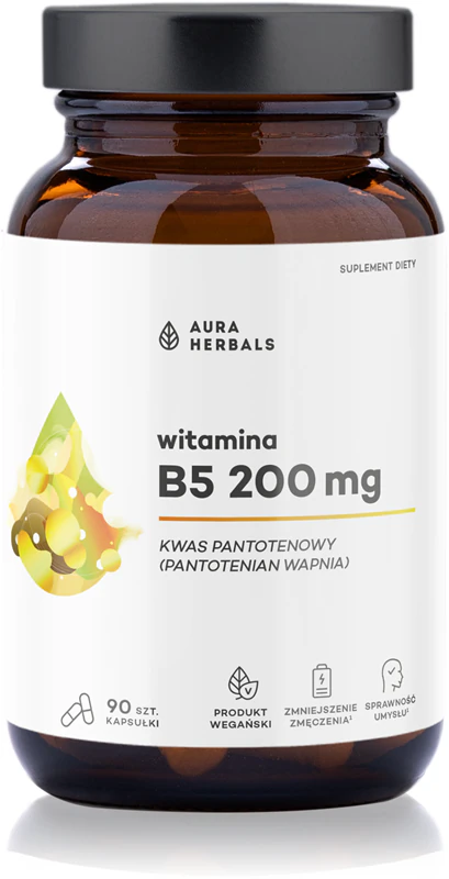 Aura Herbals Vitamín B5 200 mg Kyselina pantoténová, doplnok stravy, kapsuly na podporu energetického metabolizmu