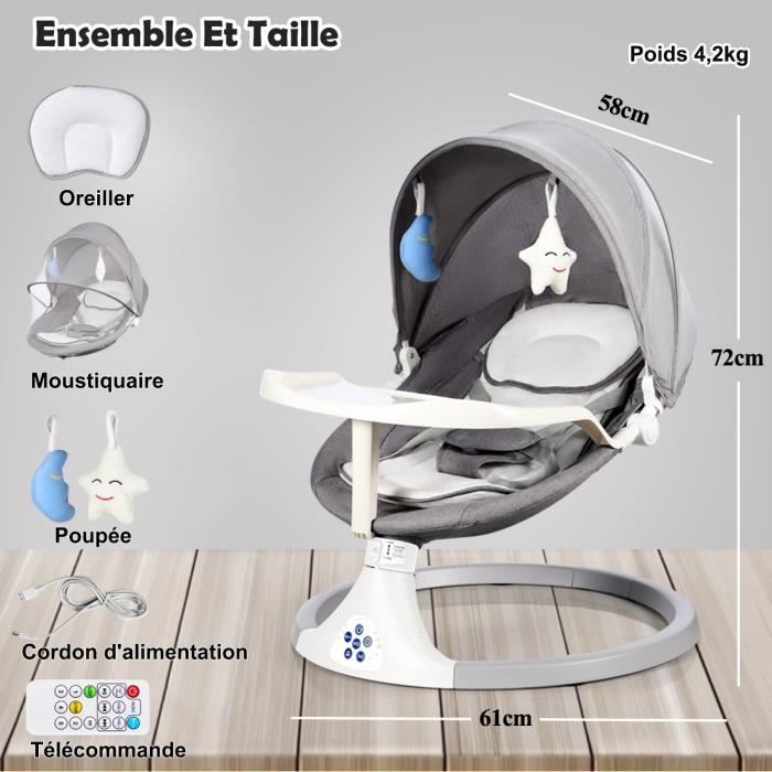 Columpio/hamaca eléctrico 3 en 1 para bebé con control remoto, mesa de comedor, 5 modos de balanceo, temporizador y música Bluetooth - Gris