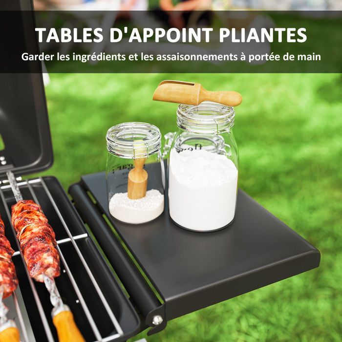 Barbecue a gas portatile - Outsunny - pieghevole - 2 bruciatori 5,6 kW - con ripiani laterali, termometro, coperchio, ruote - nero