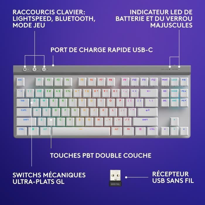 Tastiera da gioco - Wireless - Logitech G - G515 TKL Lightspeed - AZERTY - Meccanica tattile - Retroilluminata - Bianca