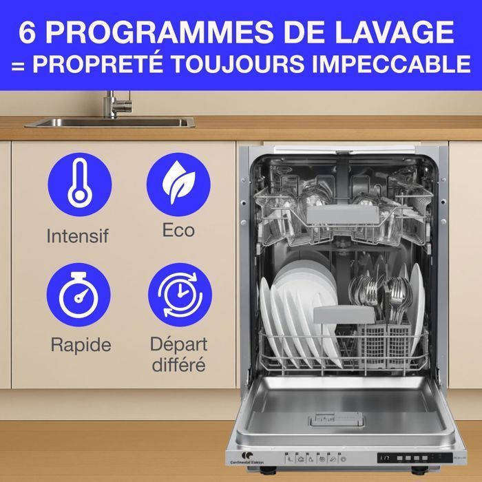 Lavavajillas integrable CONTINENTAL EDISON CELV1045FI - 10 servicios - Ancho 44,8 cm - Clase energética D - 45 dB - Blanco