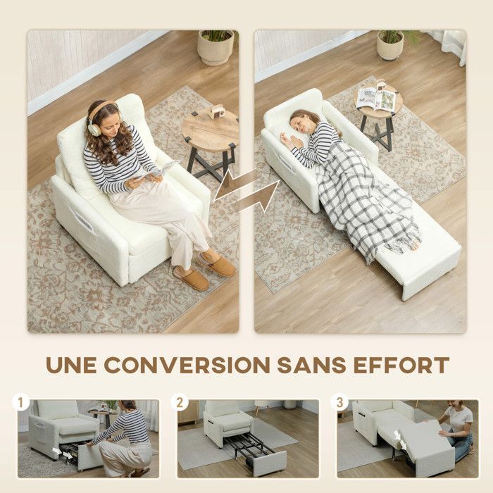Sillón convertible - HOMCOM - almacenamiento oculto, asiento ancho acolchado - tejido polar Teddy - 72 x 85,5 x 91 cm - color crema