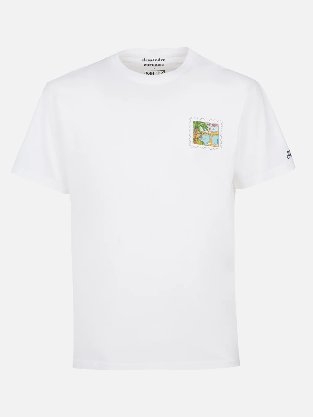 Heren katoenen T-shirt met een ansichtkaartprint van Saint-Tropez op de voor- en achterkant.