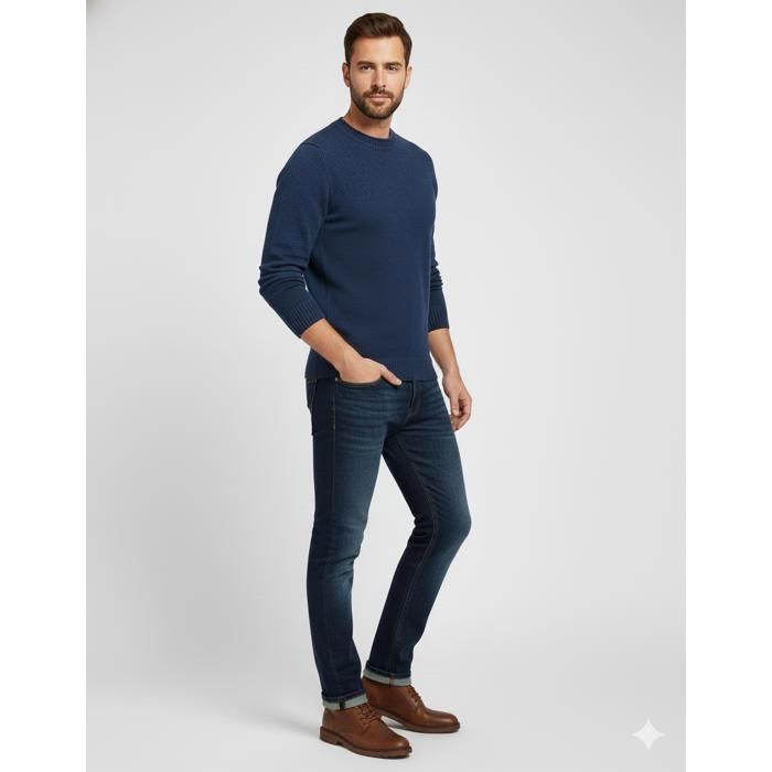 Suéter de punto informal de cuello redondo y corte ajustado para hombre - Suave y cómodo, estilo invernal - FUNMOON - Azul