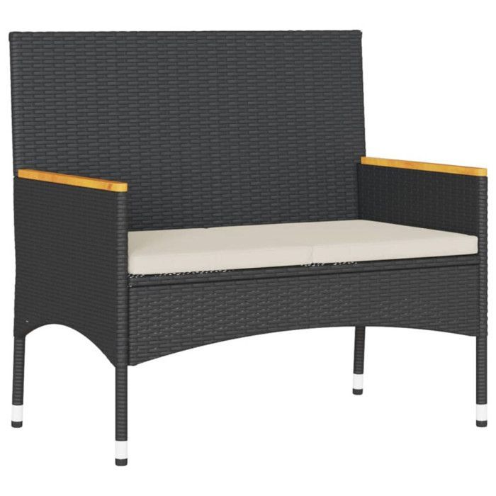 Panchina da giardino - 2 posti - Resina intrecciata - Cuscini inclusi - Tavolino nero