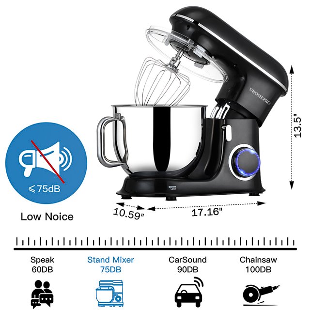 uhomepro 7,5-Liter-Küchenmaschine, 6+0+P-Geschwindigkeitsstufen, kippbarer Kopf, 660 W, Teigkneter, elektrische Küchenmaschine für den privaten und gewerblichen Gebrauch, inklusive Knethaken, Rührbesen, Schneebesen, Spatel, spülmaschinenfest