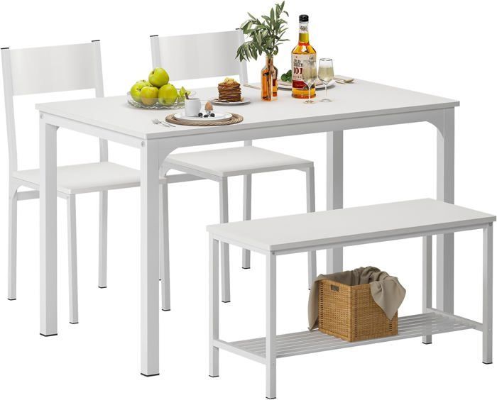 SogesHome Table a manger avec chaises 4 pièces avec étagère en Bois et Structure en Acier pour Salle à Manger et Cuisine，Blanc