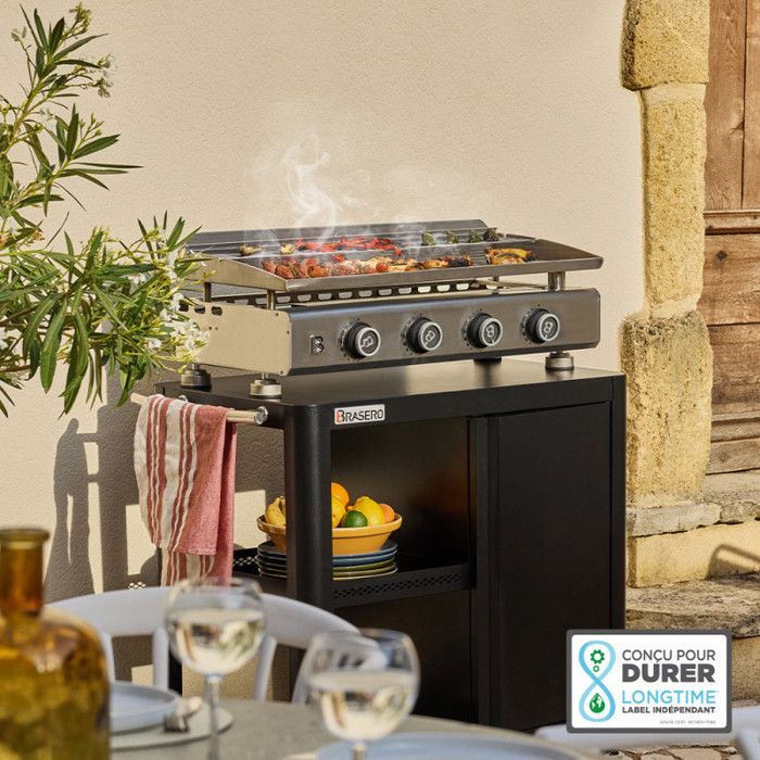 Plancha de gas de acero inoxidable Silvia IIG Evo de 4 quemadores – BRASERO BY FAVEX - 10,6 kW – Placa de acero inoxidable de 84 x 34 cm – Para 12 personas – Tapa incluida – Certificada