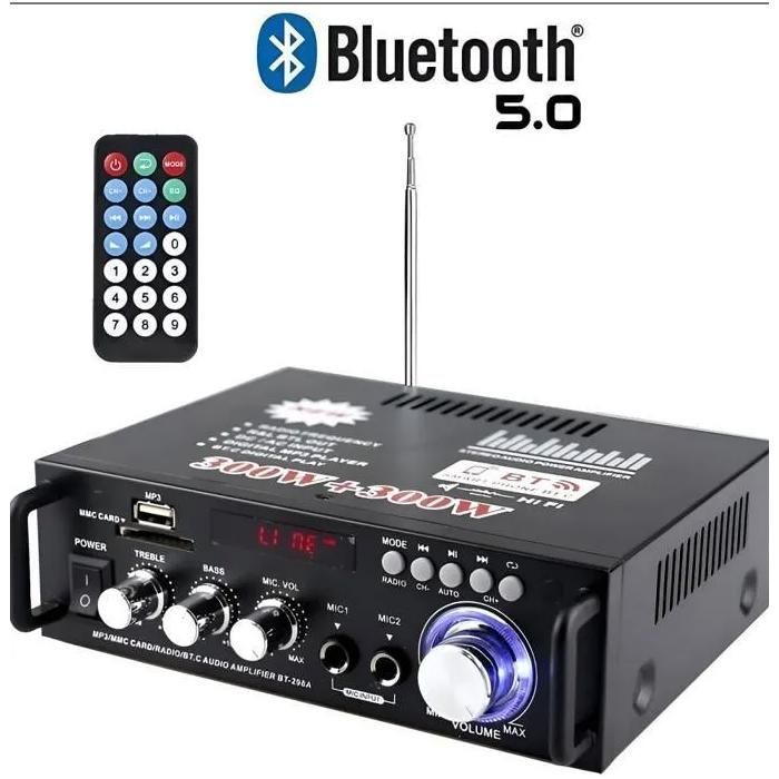 Mini-Bluetooth-5.0-HiFi-Verstärker, 2 Kanäle, zwei Mikrofone, vielfältige Anschlussmöglichkeiten, Fernbedienung, leistungsstarker Klang, Schwarz