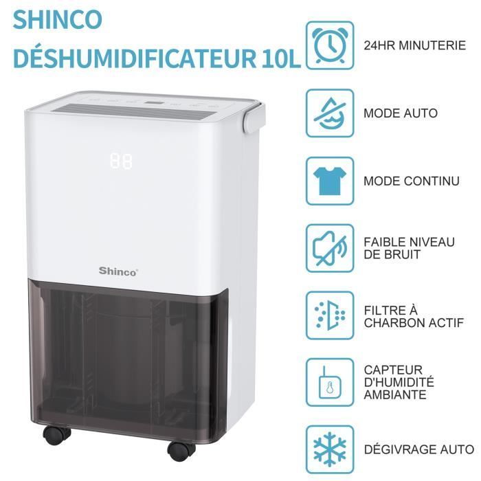 SHINCO Déshumidificateur d'air Silencieux 10L/Jour avec compresseur, Fonction de déshumidification, Purification, Sèchage du linge