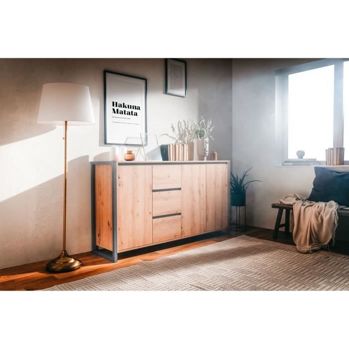 DENVER Buffet with 3 doors and 3 drawers - Artisan oak finish / Anthracite - W 160 x D 40 x H 88 cm