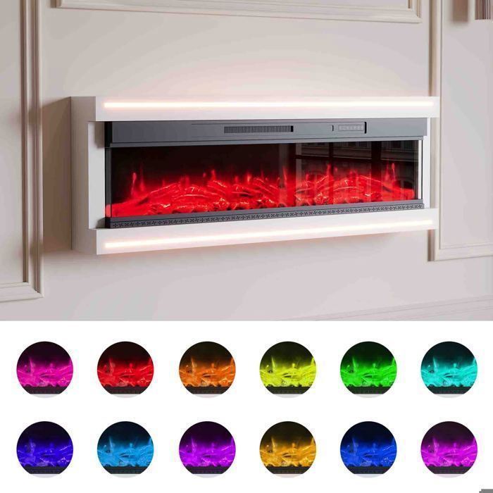 Cheminée Électrique Murale - AMBIANCE - 127 cm - 12 Couleurs de Flammes & LED d'Ambiance - Chauffage 750W/1500W avec Télécommande