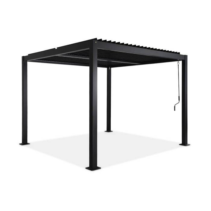 Pérgola bioclimática negra. Aluminio y acero. 3x3 m. Lamas ajustables.