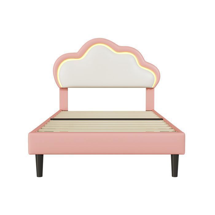 Lit pour enfant 90x200 cm, Lit capitonné avec LED, Cadre de lit pour fille, lit princesse avec sommier à lattes, pu, rose