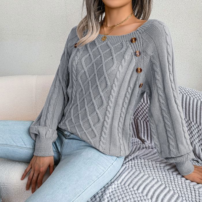 Maglione da donna a maniche lunghe in maglia, scollo quadrato, modello ampio a trecce con bottoni, tinta unita, autunno/inverno - taglia europea - grigio
