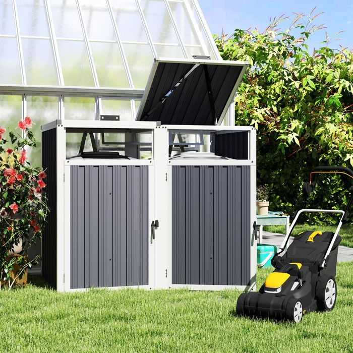 Abri pour 2 poubelles - Outsunny - 240L - couvercles relevables à 180° - acier galvanisé - 146 x 81 x 122 cm - gris foncé
