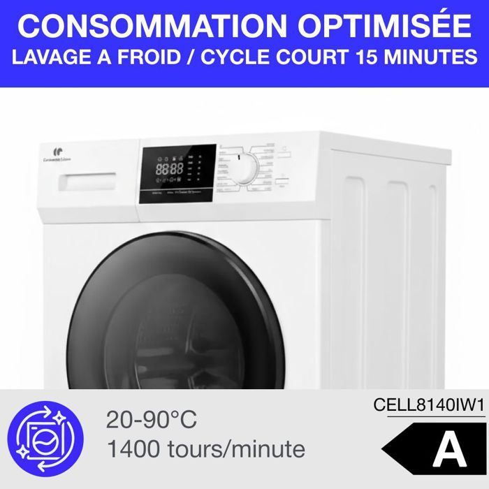 Frontmatet vaskemaskin - CONTINENTAL EDISON - CELL8140IW1 - 8 kg - Induksjonsmotor - 60 cm - 1400 o/min - Hvit