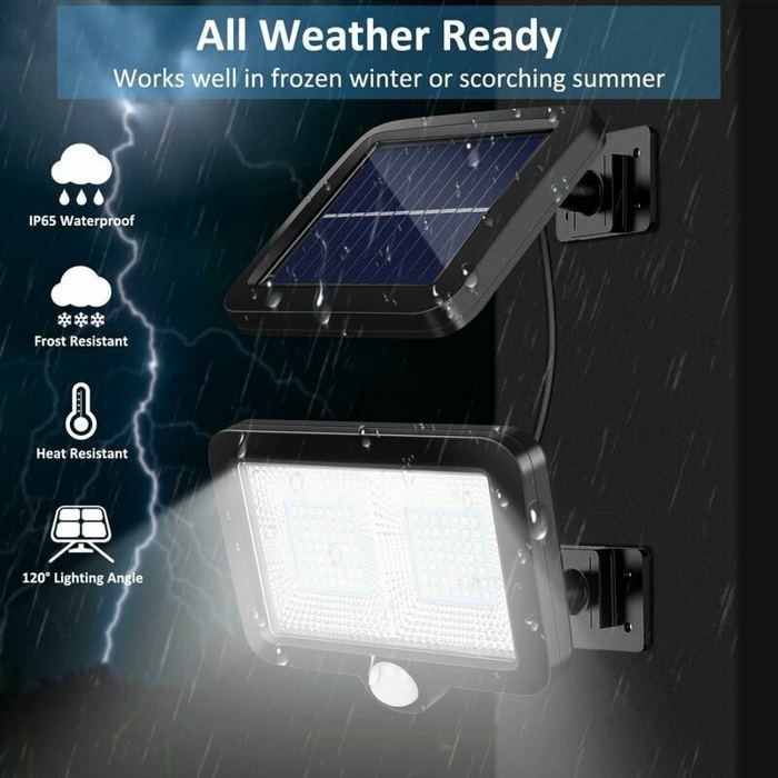 Lámpara solar exterior con detector de movimiento, foco solar LED, resistente al agua IP65, ángulo de iluminación de 120°.