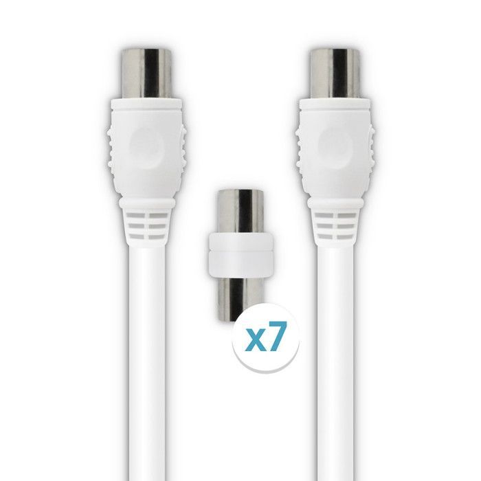 Câble TV coaxial 9,52 mm mâle/mâle+adaptateurs universels 5 m - blanc