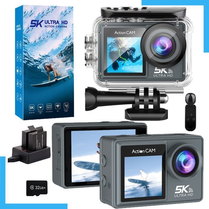 Cámara de acción 5K a 30 FPS con micrófono inalámbrico, doble pantalla, 50 MP, EIS, 2 baterías, resistente al agua hasta 40 m, con accesorios.