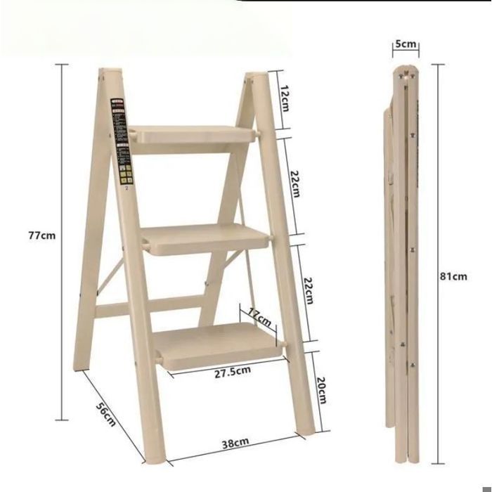 Escalera plegable de 3 peldaños IDEGU, taburete plegable de acero portátil, peldaño de 22 cm de ancho, antideslizante, blanca.