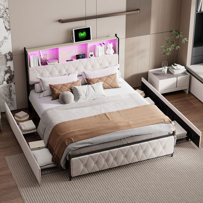 Letto contenitore 180x200 cm con cassetti, letto matrimoniale con contenitore, 4 cassetti, illuminazione a LED, ricarica USB, struttura letto con rete a doghe, velluto, beige