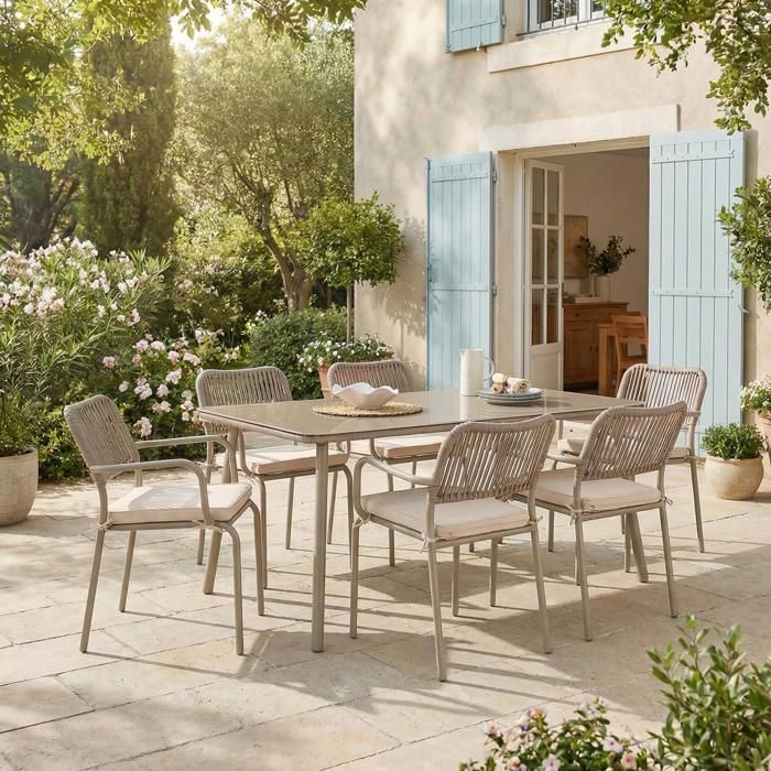 VOLONTE tuintafel met 6 stoelen in champagnekleur voor 6 personen, tafelblad van gehard glas