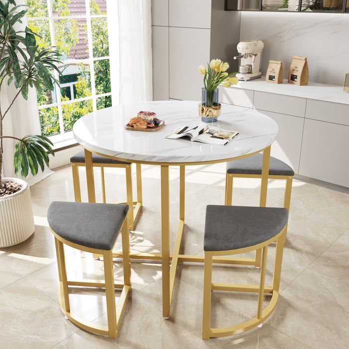 DRIPEX Table à Manger avec 4 Chaises,Ensemble Table de Cuisine Moderne ,MDF+Cadre en Fer Doré,Chaise en Velours,80x80x75cm,Gris