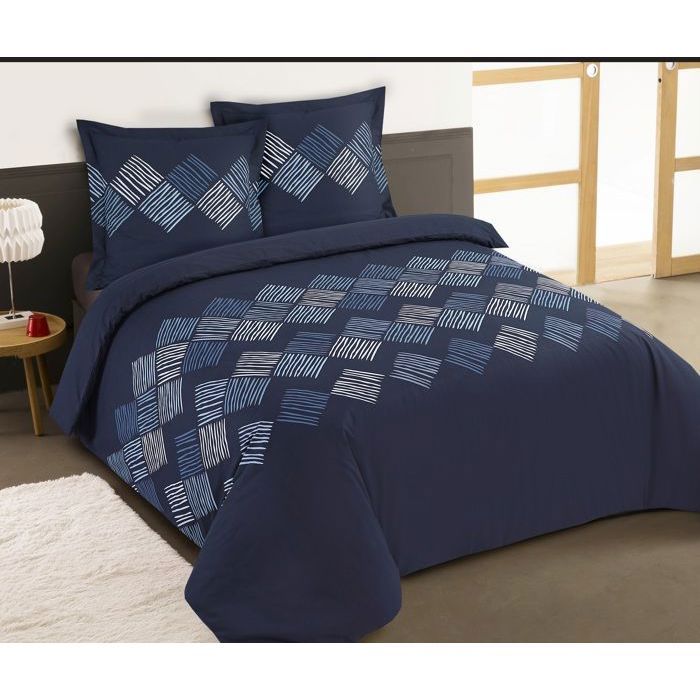 VISION - Set di biancheria da letto Nora - 100% cotone - Copripiumino 200x200 cm + 2 federe 65x65 cm - Blu