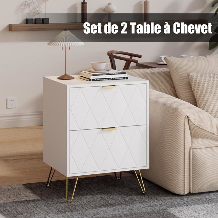 GOOBUY Set of 2 Bedside Tables, 2 Drawers, Gold-Colored Handles and Legs, Scandinavian Style, 40 x 30 x 52 cm, White