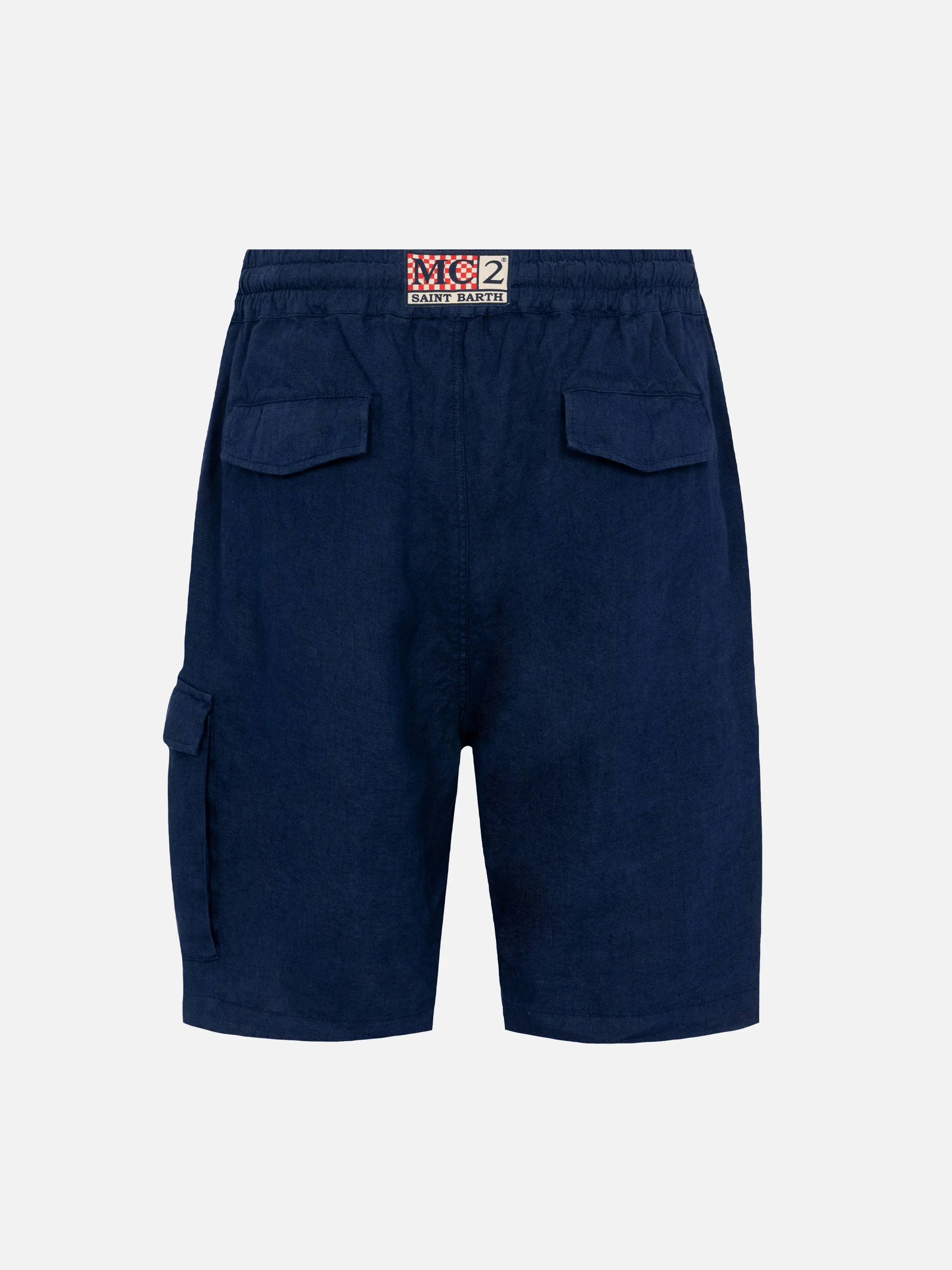 Herenbermudashorts van linnen in marineblauw, elastische tailleband, trekkoord, utility-zak, achterzakken met knoopsluiting, merklabel | MC2 Saint Barth