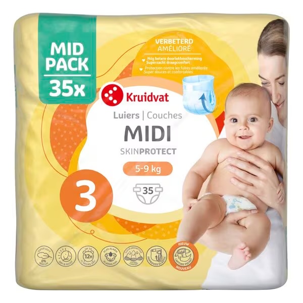 Kruidvat 3 Midi plenice, srednje pakiranje, velikost 3 (4-9 kg), 35 kosov