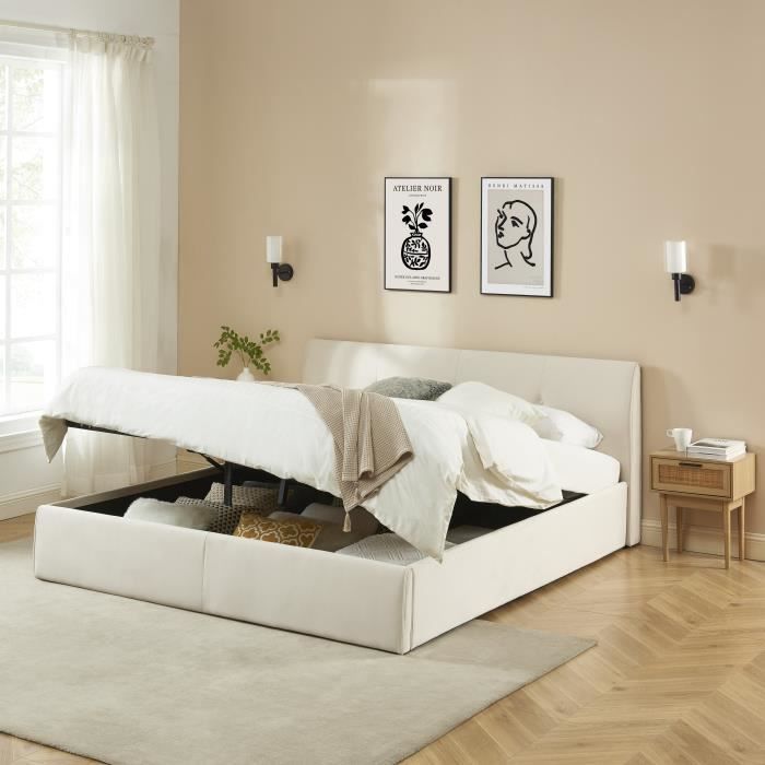 Cama con almacenamiento - BAÏTA - Gama SEGURO - Terciopelo color crema beige - 180 x 200 cm, somier de láminas incluido
