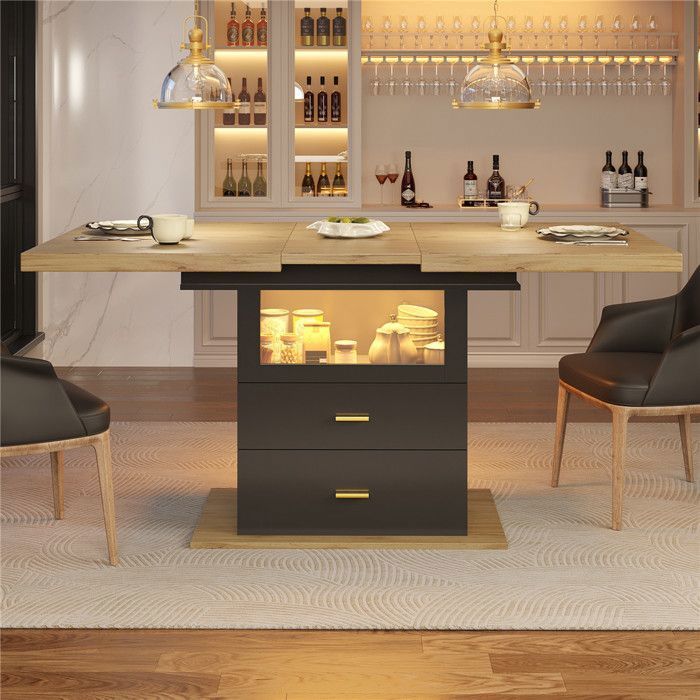 Table a Manger Extensible Bois 4 à 6 Personnes avec Éclairage LED, Table de Cuisine 110-140×80 cm avec Rangement et Tiroirs, Noir