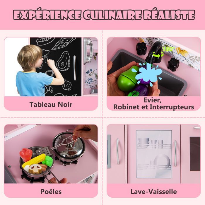 Cocina infantil de madera DREAMADE con sonidos, pizarra, teléfono, fogones, lavavajillas, máquina de hielo, horno, color rosa.