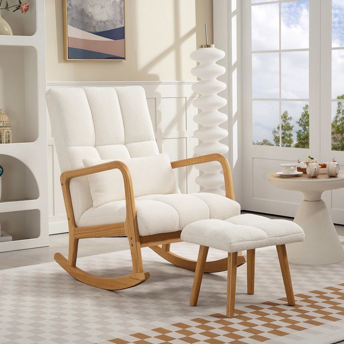 Mecedora con reposapiés - HOMCOM - tejido bouclé - patas de madera - 64,5 x 82 x 89 cm - blanco
