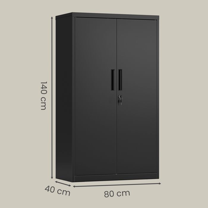 Armoire de Bureau en Acier à 2 Portes, Verrouillable, Étagères Réglables, Meuble de Rangement pour Bureau, 80 x 40 x 140 cm, Noir