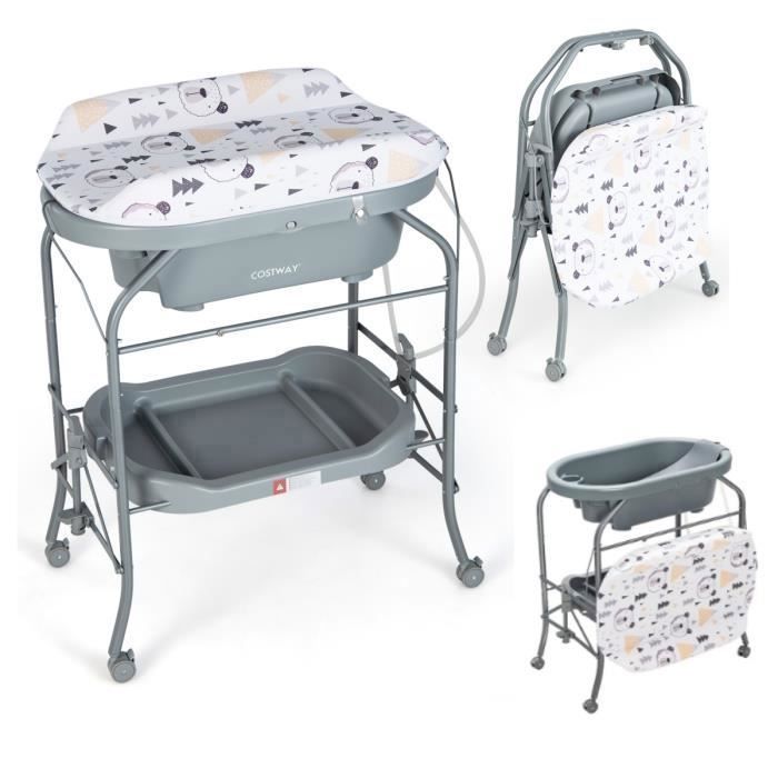 Cambiador plegable 4 en 1 para bebés COSTWAY con bañera (20 L) - 4 ruedas, manguera de 1 m, bandeja de almacenamiento, cojín de PVC impermeable - 35 kg - Gris