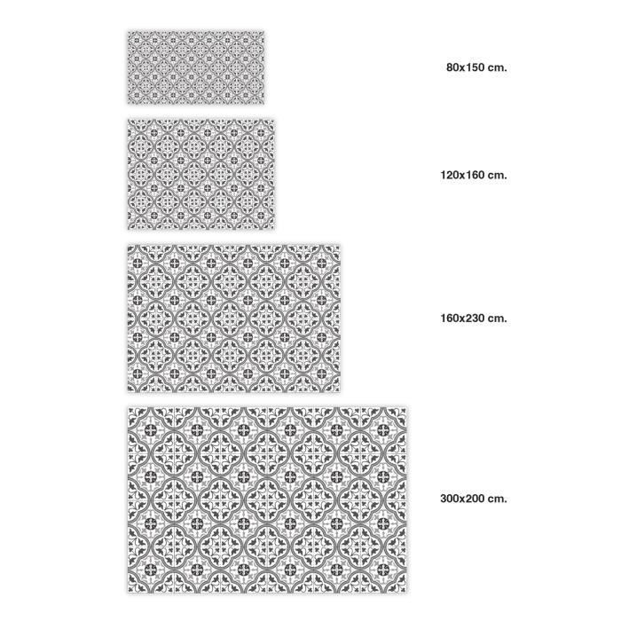 Panorama-Vinylteppich mit Zementfliesen- und Blumenmuster, Grau, 160 x 230 cm - PVC-Teppich für Küche, Büro und Wohnzimmer