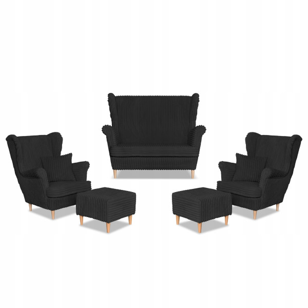 Zestaw uszak Rene Estella sofa fotele pufy Family Meble czarny sztruks