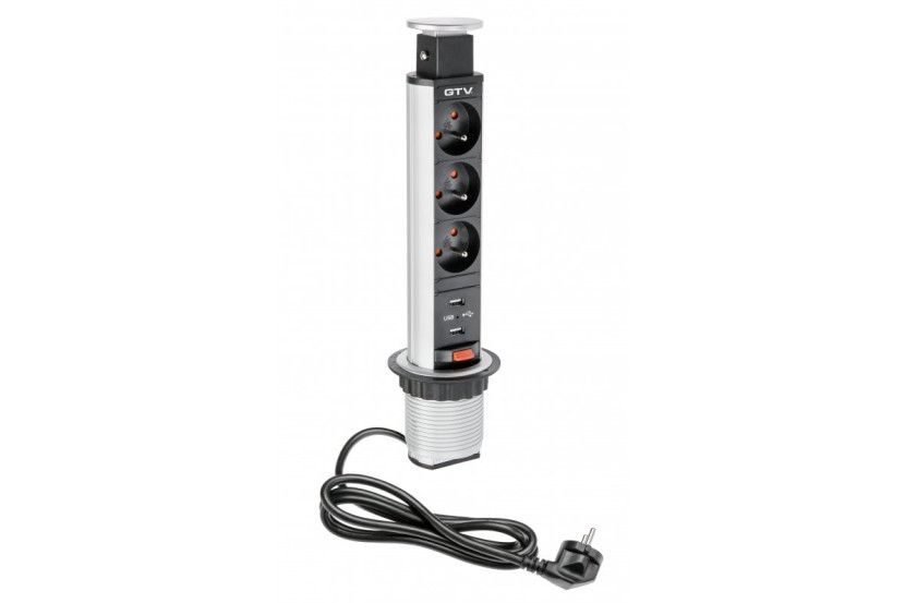 Przedłużacz wpuszczany 60mm 3x230V  z/u 2xUSB 2,1A 5V (srebrny)