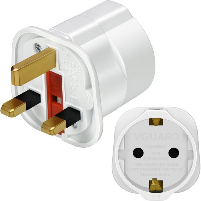 Adaptador de enchufe británico, 1 adaptador de la UE al Reino Unido (de 2 pines a 3 pines) para dispositivos electrónicos de viaje.